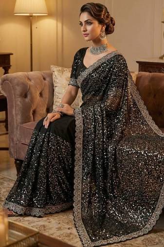 women's black net partywear saree with unstitched blouse