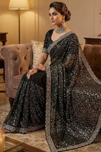women's black net partywear saree with unstitched blouse
