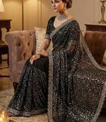 Women's black net partywear saree with unstitched blouse