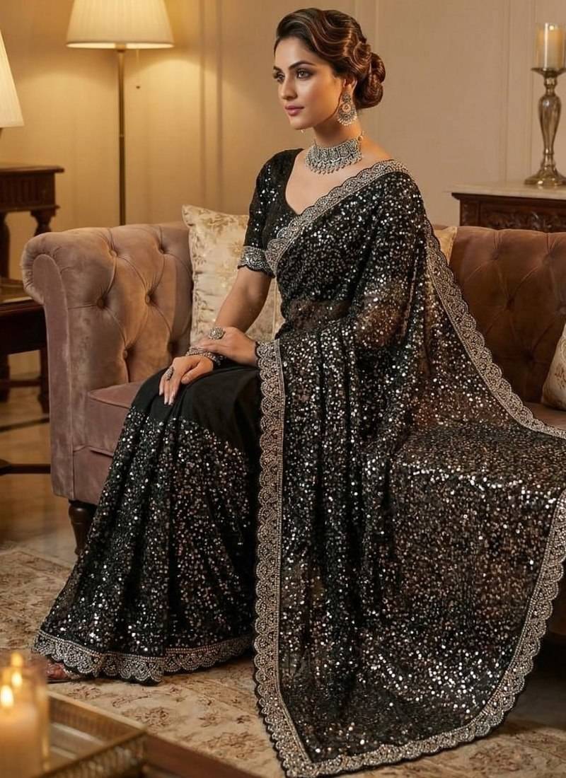 Women's black net partywear saree with unstitched blouse