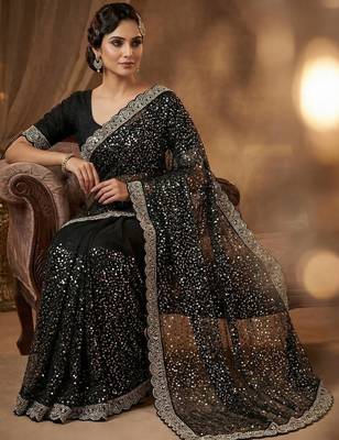 Women's black net partywear saree with unstitched blouse 2