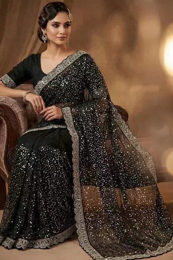 women's black net partywear saree with unstitched blouse