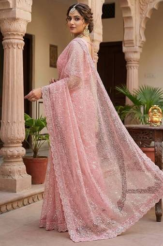 women's pink net partywear saree with unstitched blouse
