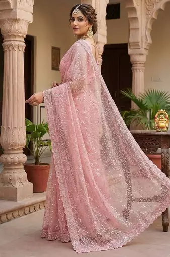 women's pink net partywear saree with unstitched blouse