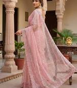 Women's pink net partywear saree with unstitched blouse