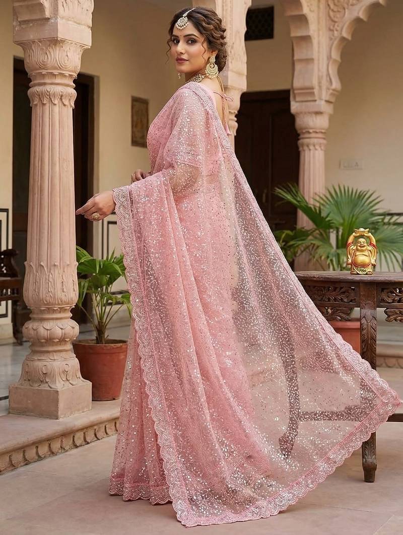 Women's pink net partywear saree with unstitched blouse