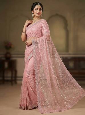 Women's pink net partywear saree with unstitched blouse 2
