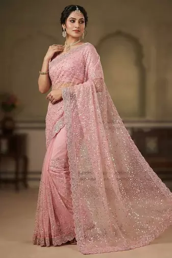 women's pink net partywear saree with unstitched blouse