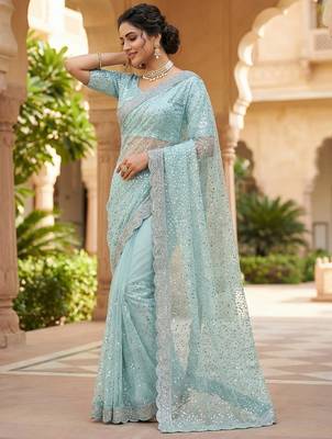 Women's pista net partywear saree with unstitched blouse 2