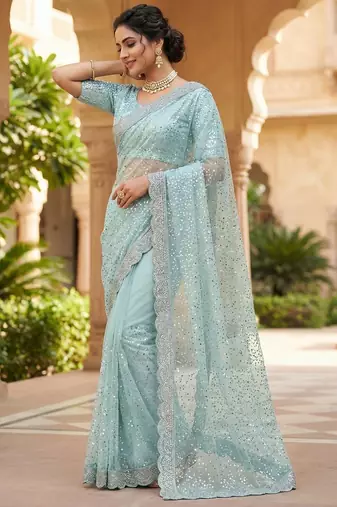 women's pista net partywear saree with unstitched blouse
