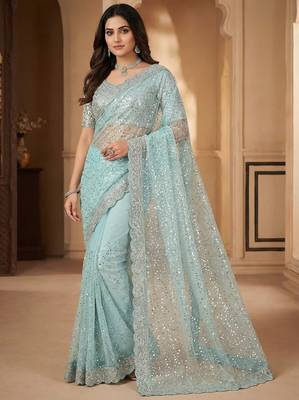 Women's pista net partywear saree with unstitched blouse 3