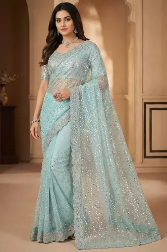 women's pista net partywear saree with unstitched blouse