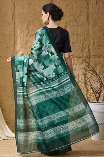 Green abstract print cotton silk ready to wear saree