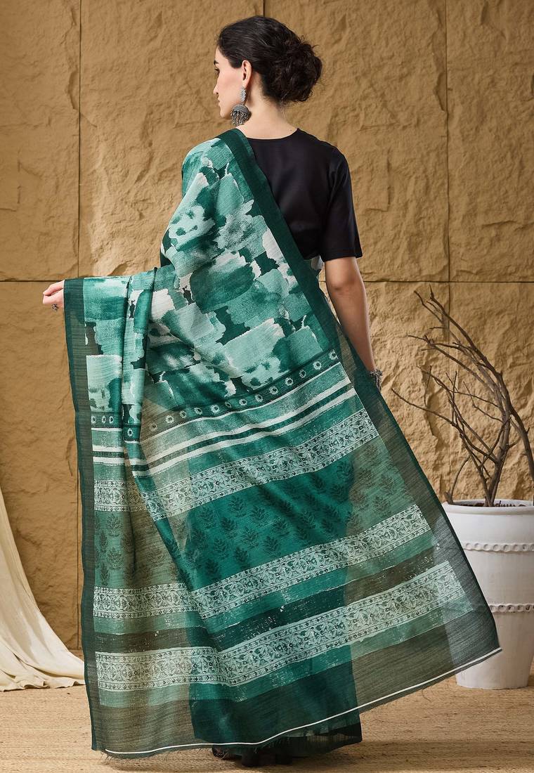 Green abstract print cotton silk ready to wear saree