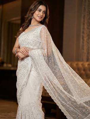 Women's white net partywear saree with unstitched blouse 1