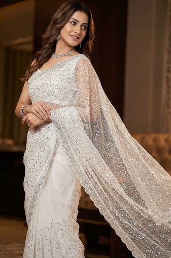 women's white net partywear saree with unstitched blouse