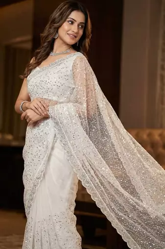 women's white net partywear saree with unstitched blouse