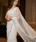 Women's white net partywear saree with unstitched blouse