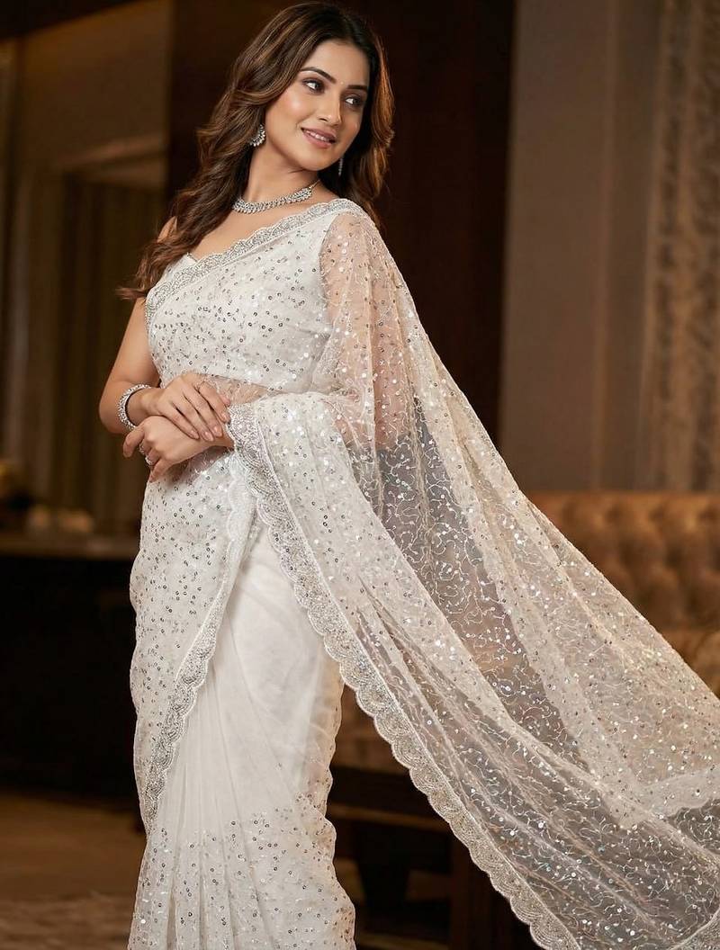 Women's white net partywear saree with unstitched blouse