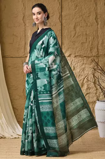 Green abstract print cotton silk ready to wear saree