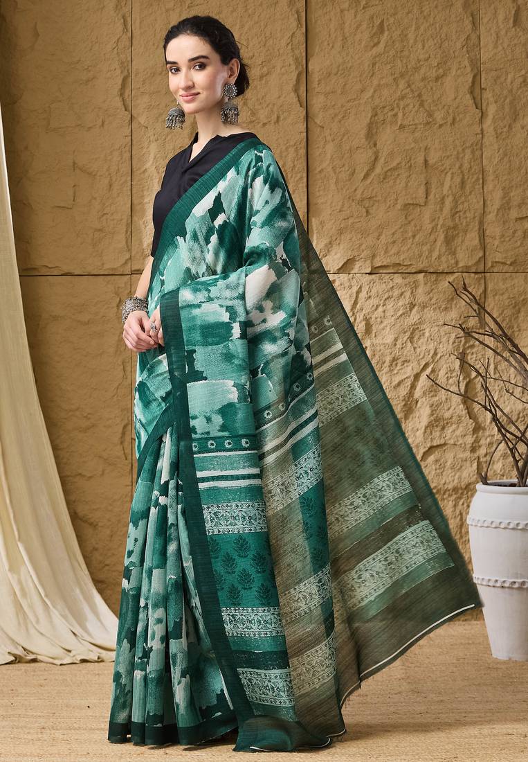 Green abstract print cotton silk ready to wear saree