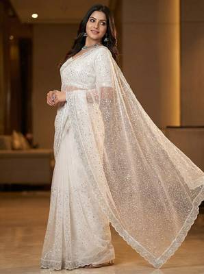 Women's white net partywear saree with unstitched blouse 2
