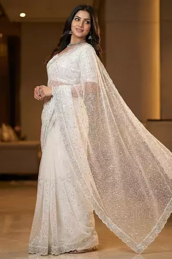 women's white net partywear saree with unstitched blouse