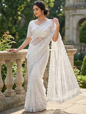 Women's white net partywear saree with unstitched blouse 3