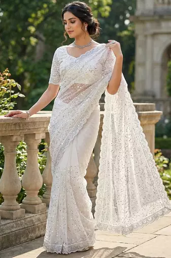 women's white net partywear saree with unstitched blouse