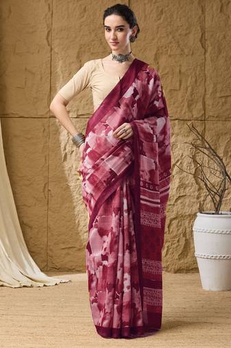 Red abstract print cotton silk ready to wear saree