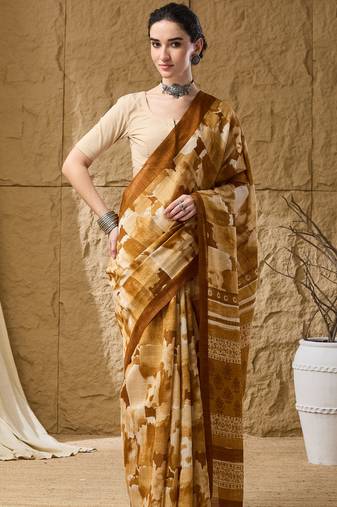 Mustard abstract print cotton silk ready to wear saree