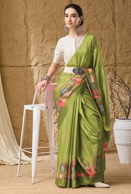 Mehndi abstract print satin regular saree 1