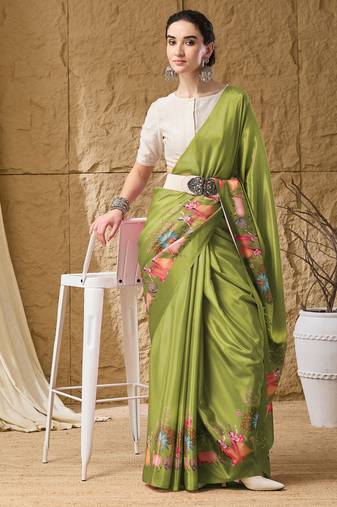 Mehndi abstract print satin regular saree