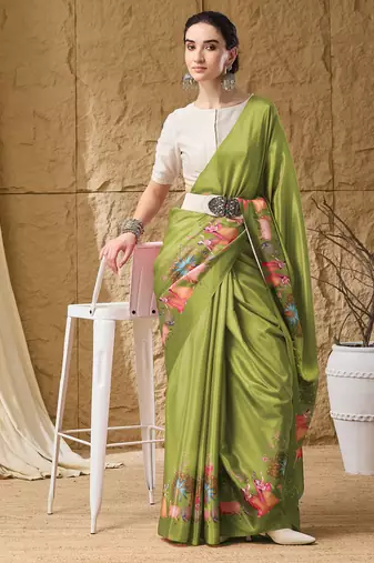 Mehndi abstract print satin regular saree