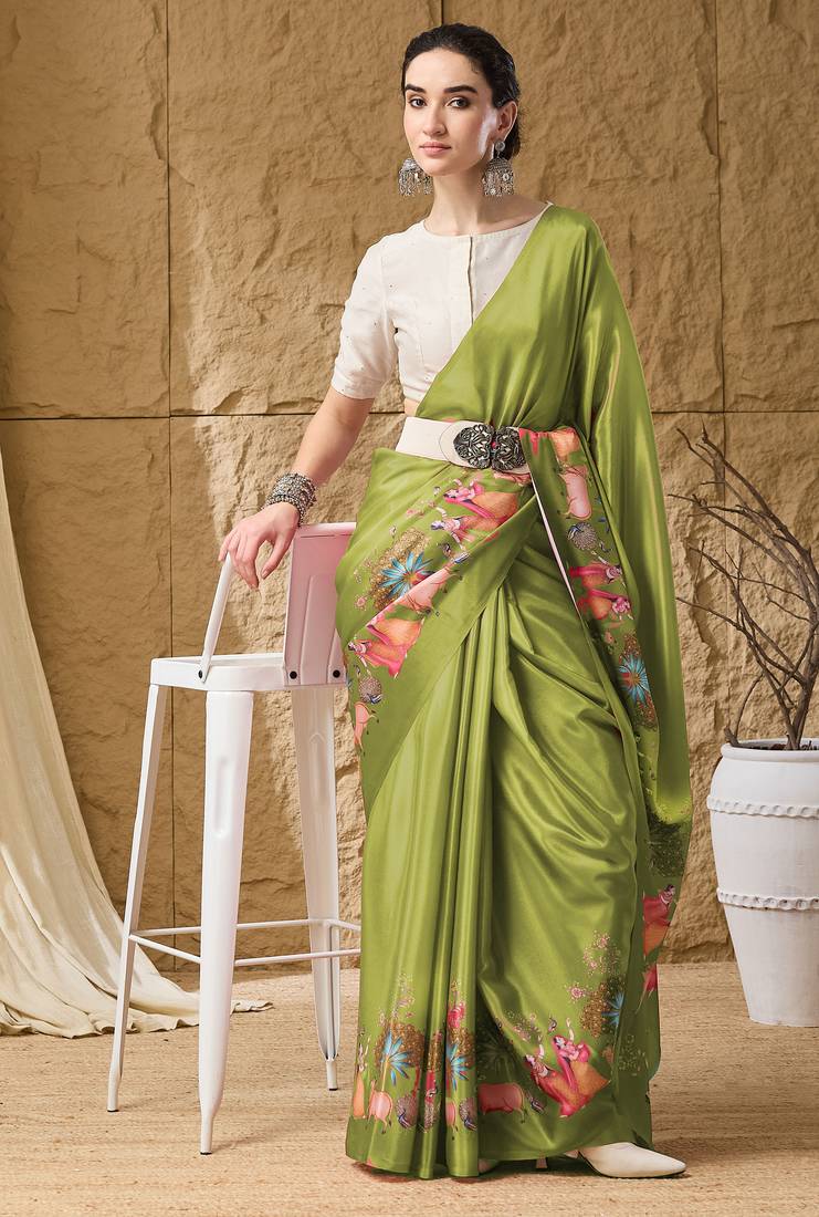 Mehndi abstract print satin regular saree