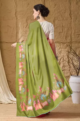 Mehndi abstract print satin regular saree