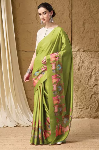 Mehndi abstract print satin regular saree