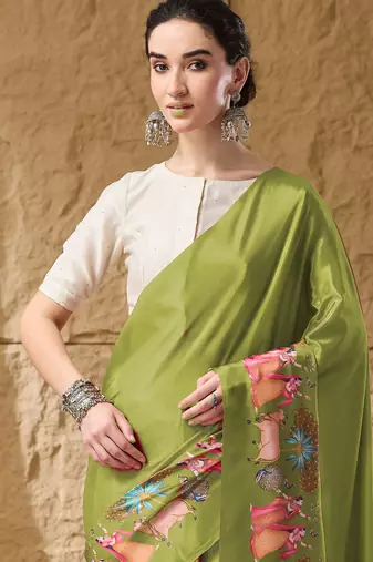 Mehndi abstract print satin regular saree