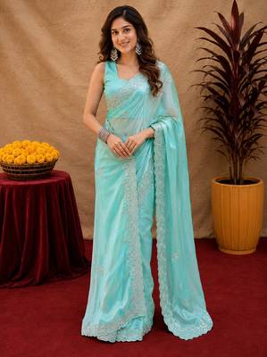 Aqua soft shimmer chiffon embroidery work saree with unstitched blouse piece 1