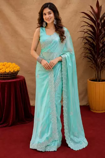 Aqua soft shimmer chiffon embroidery work saree with unstitched blouse piece