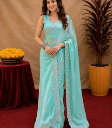 Aqua soft shimmer chiffon embroidery work saree with unstitched blouse piece
