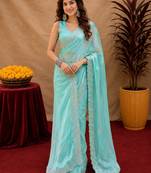 Aqua soft shimmer chiffon embroidery work saree with unstitched blouse piece