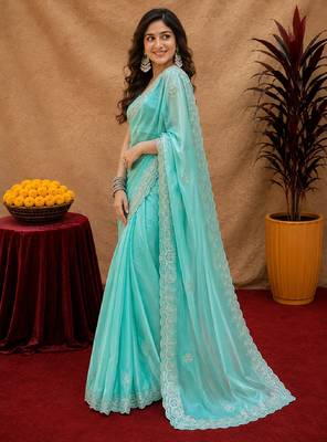 Aqua soft shimmer chiffon embroidery work saree with unstitched blouse piece 2