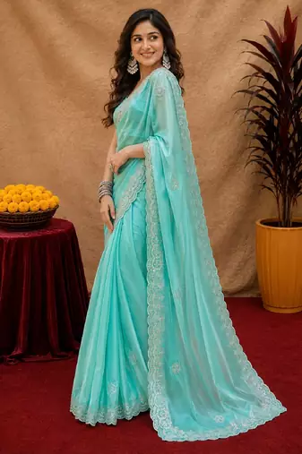 Aqua soft shimmer chiffon embroidery work saree with unstitched blouse piece