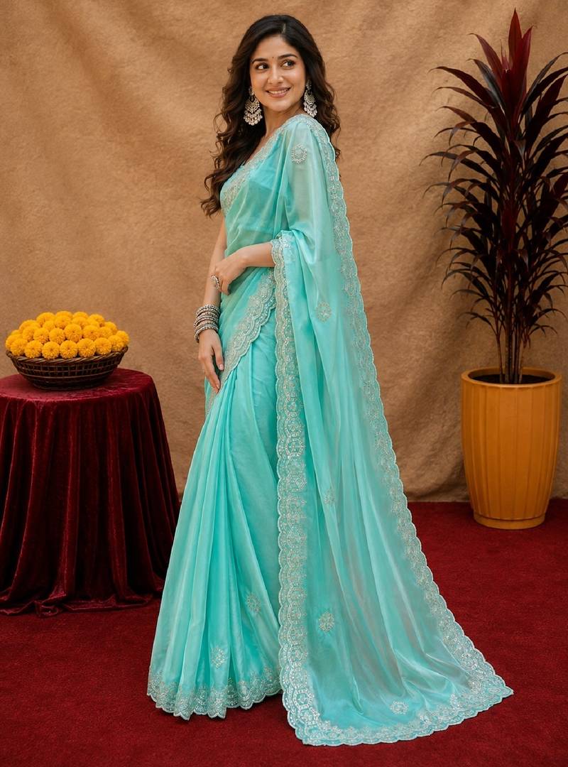 Aqua soft shimmer chiffon embroidery work saree with unstitched blouse piece