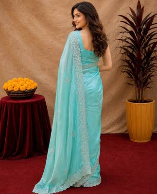 Aqua soft shimmer chiffon embroidery work saree with unstitched blouse piece 3