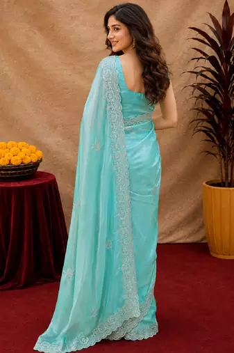 Aqua soft shimmer chiffon embroidery work saree with unstitched blouse piece