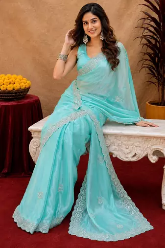 Aqua soft shimmer chiffon embroidery work saree with unstitched blouse piece