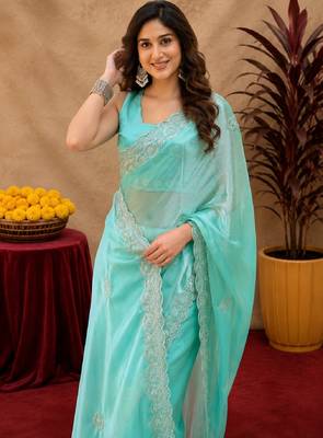 Aqua soft shimmer chiffon embroidery work saree with unstitched blouse piece 5