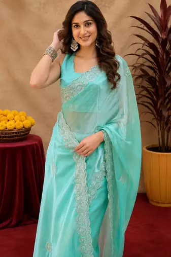 Aqua soft shimmer chiffon embroidery work saree with unstitched blouse piece